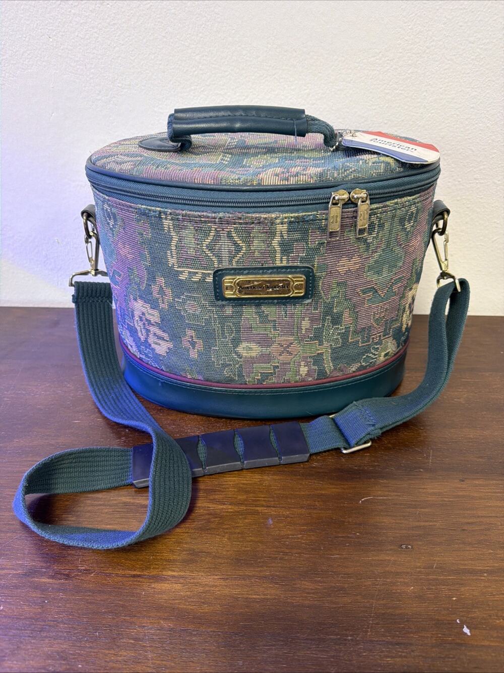 Vtg American Tourister Tapestry Train Case Cosmetic Makeup Bag Teal Southwestern